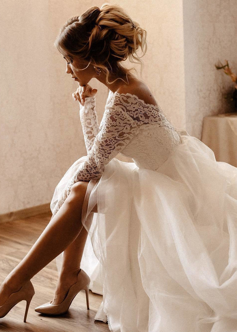 Lace Long Sleeves Open Back Floor Length Wedding Dresses Angrila 5915