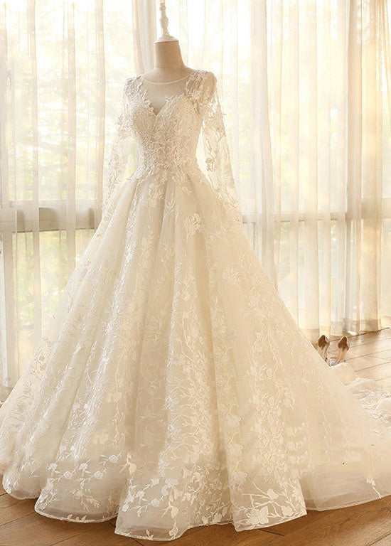 Long Sleeves Tulle Appliques Lace Wedding Dresses – Angrila