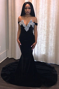 Satin Sweep Train Off-the-Shoulder Prom Dresses With Beading – Angrila