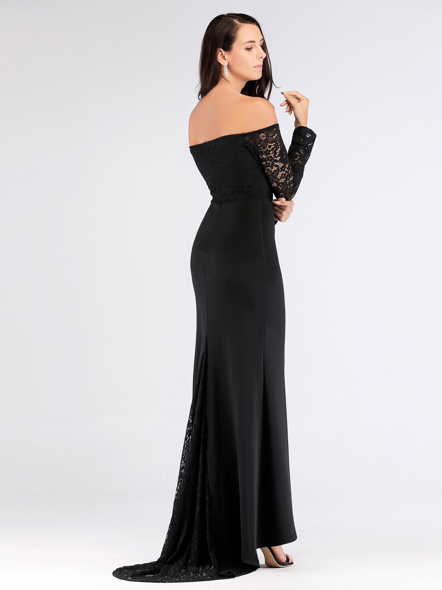 Black Off The Shoulder Long Sleeves Prom Dresses Angrila 4889