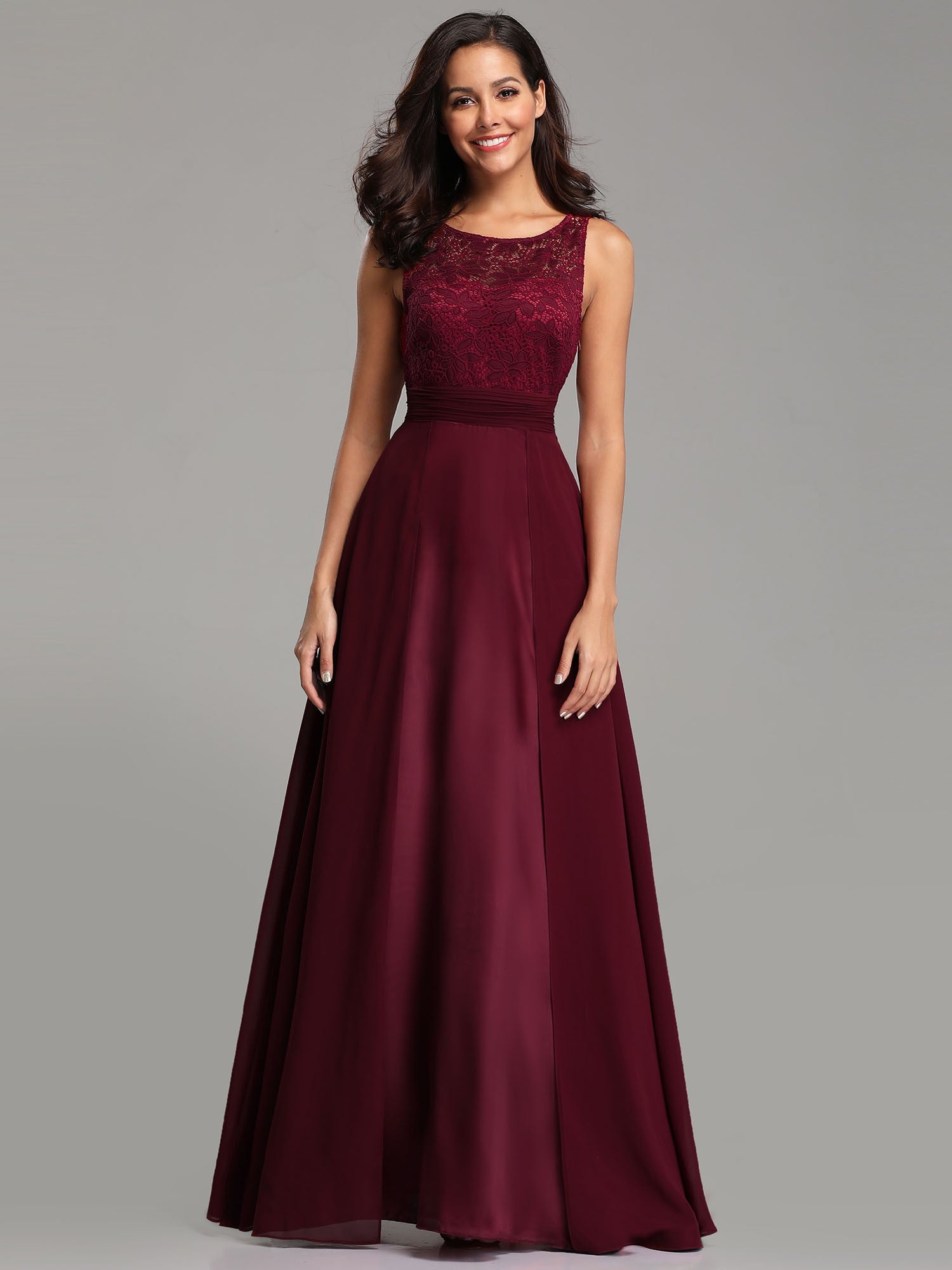 Burgundy Chiffon Scoop Neck Lace Evening Dresses – Angrila