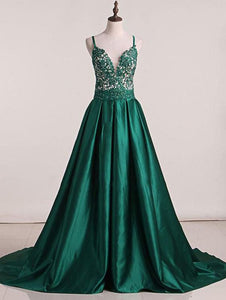 Green Sweep Train Satin Open Back Prom Dresses – Angrila