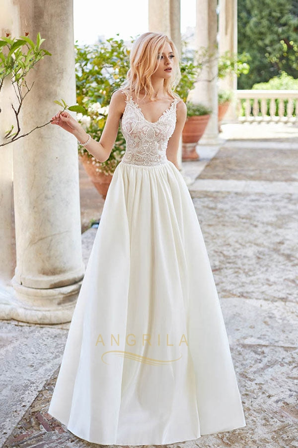 Elegant Straps Lace Top Satin Beach Wedding Dresses – Angrila