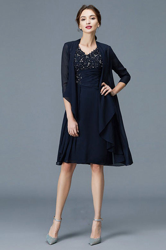 V-neck Chiffon Knee-Length Mother of the Bride Dresses (Jacket include ...