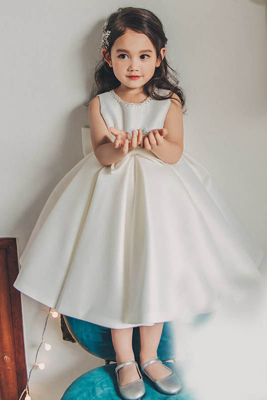 A-Line/Princess Ball Gown Jewel Satin Flower Girl Dresses With Bows ...