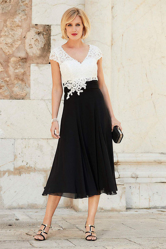 A-line V-neck Cap Sleeves Tea-length Chiffon Lace Mother of the Bride ...