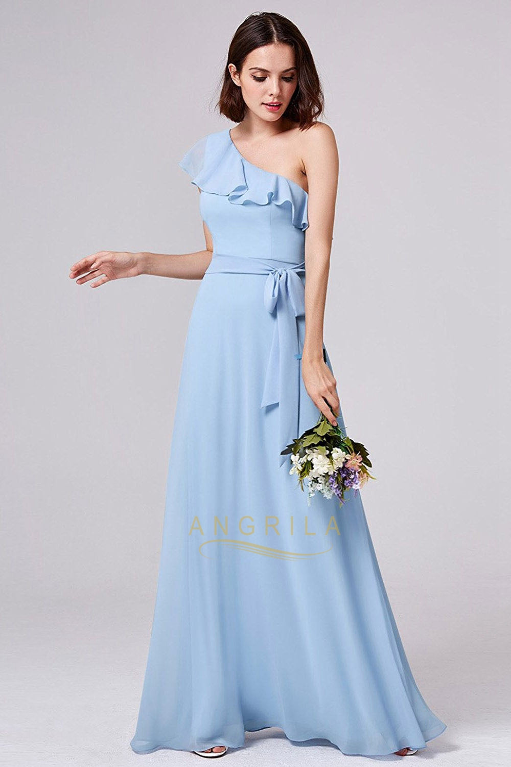 One-shoulder A-line/Princess Long Chiffon Bridesmaid Dresses – Angrila