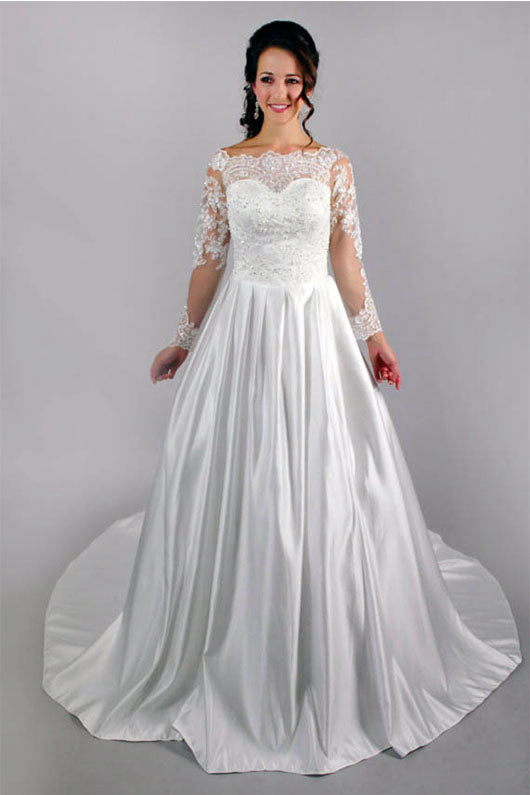 Fabulous A-Line Appliqued Satin Long Sleeves Lace Wedding Dress – Angrila