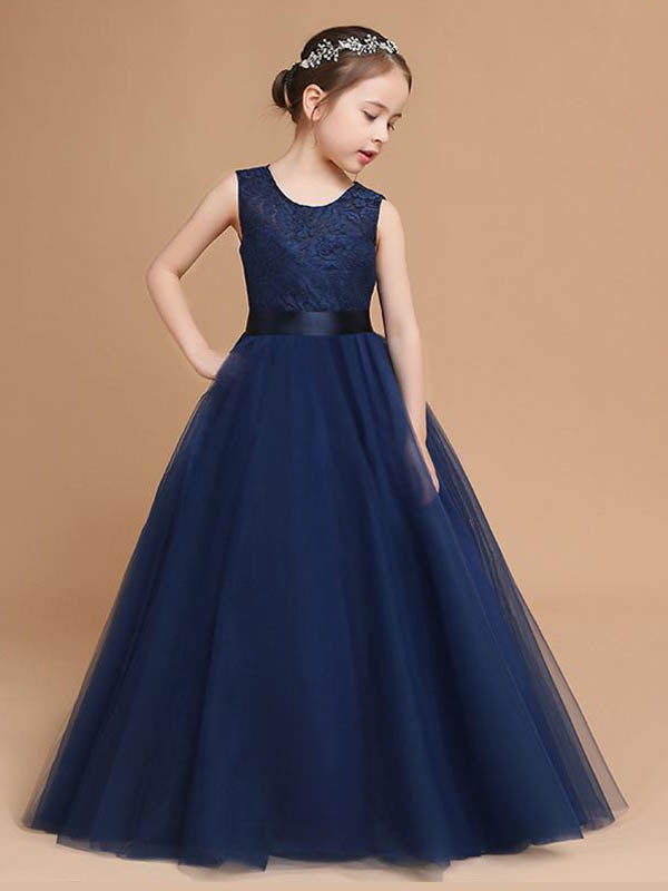 A Line Floor Length Sleeveless Tulle Flower Girl Dress Angrila 1675