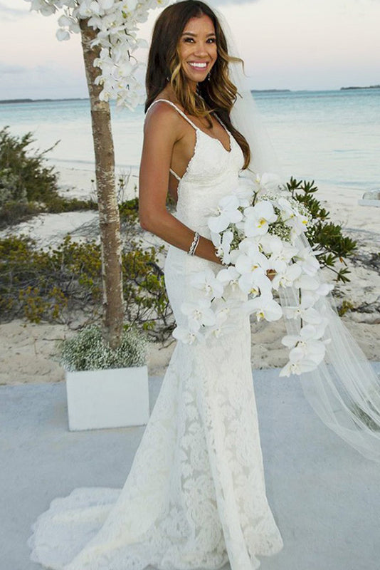 mermaid lace wedding dress with spaghetti straps