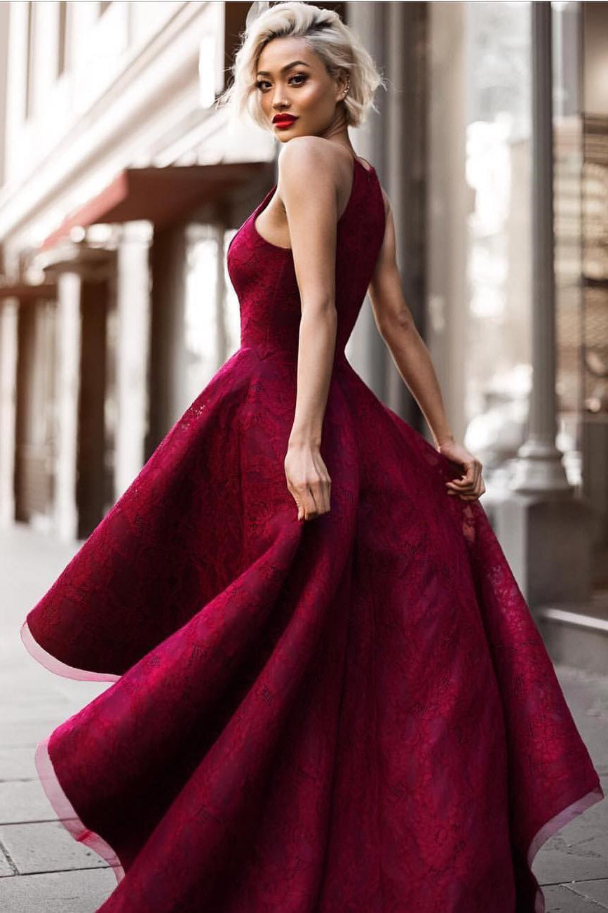 Sexy High Low Burgundy Prom Dresses With Halter Unique Elastic Satin Angrila 4286