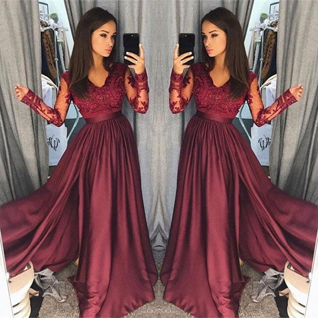 Burgundy A-Line V-Neck Lace Top Long Prom Dresses with Long Sleeves ...