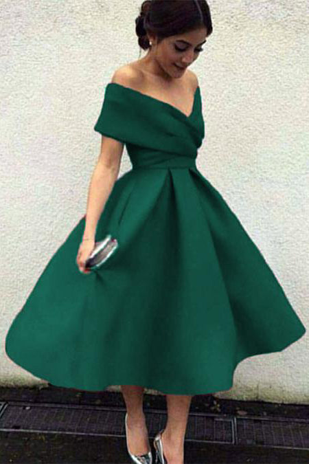 Vintage A-line Cap Sleeves Satin Tea Length Prom Dress – Angrila