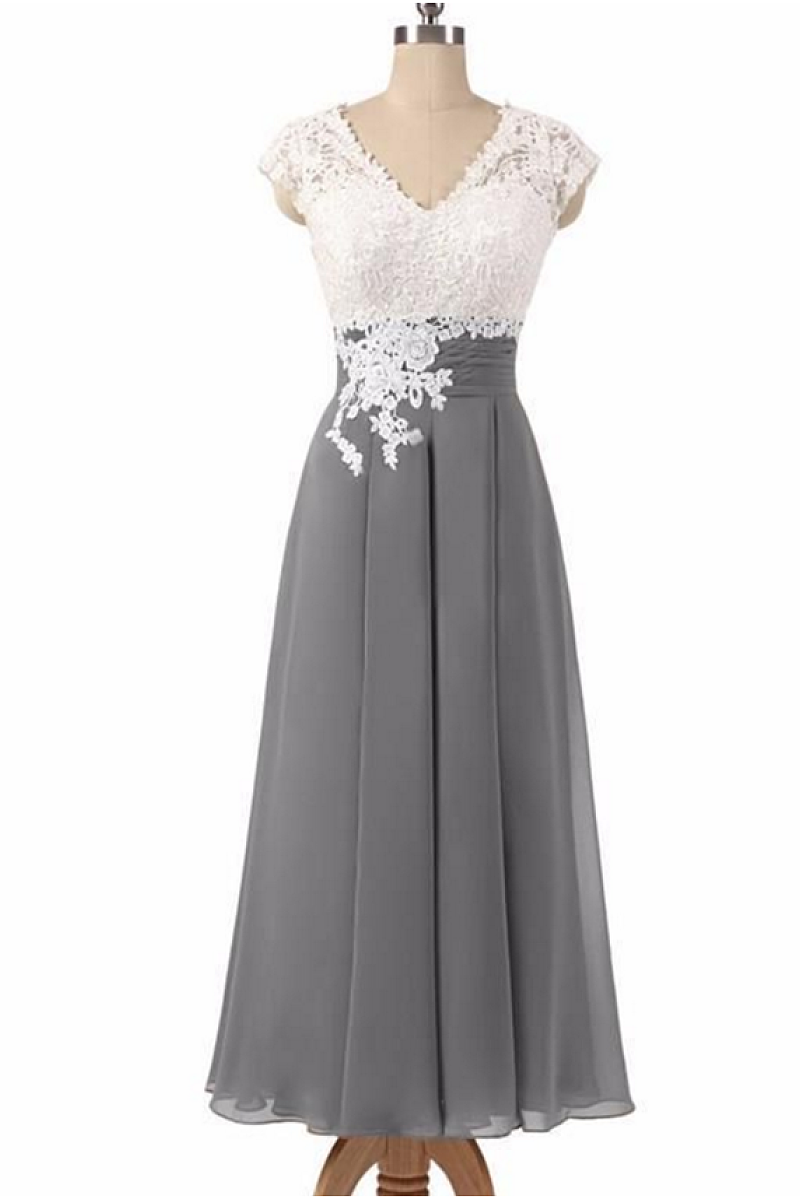 A-line V-neck Cap Sleeves Tea-length Chiffon Lace Mother of the Bride ...