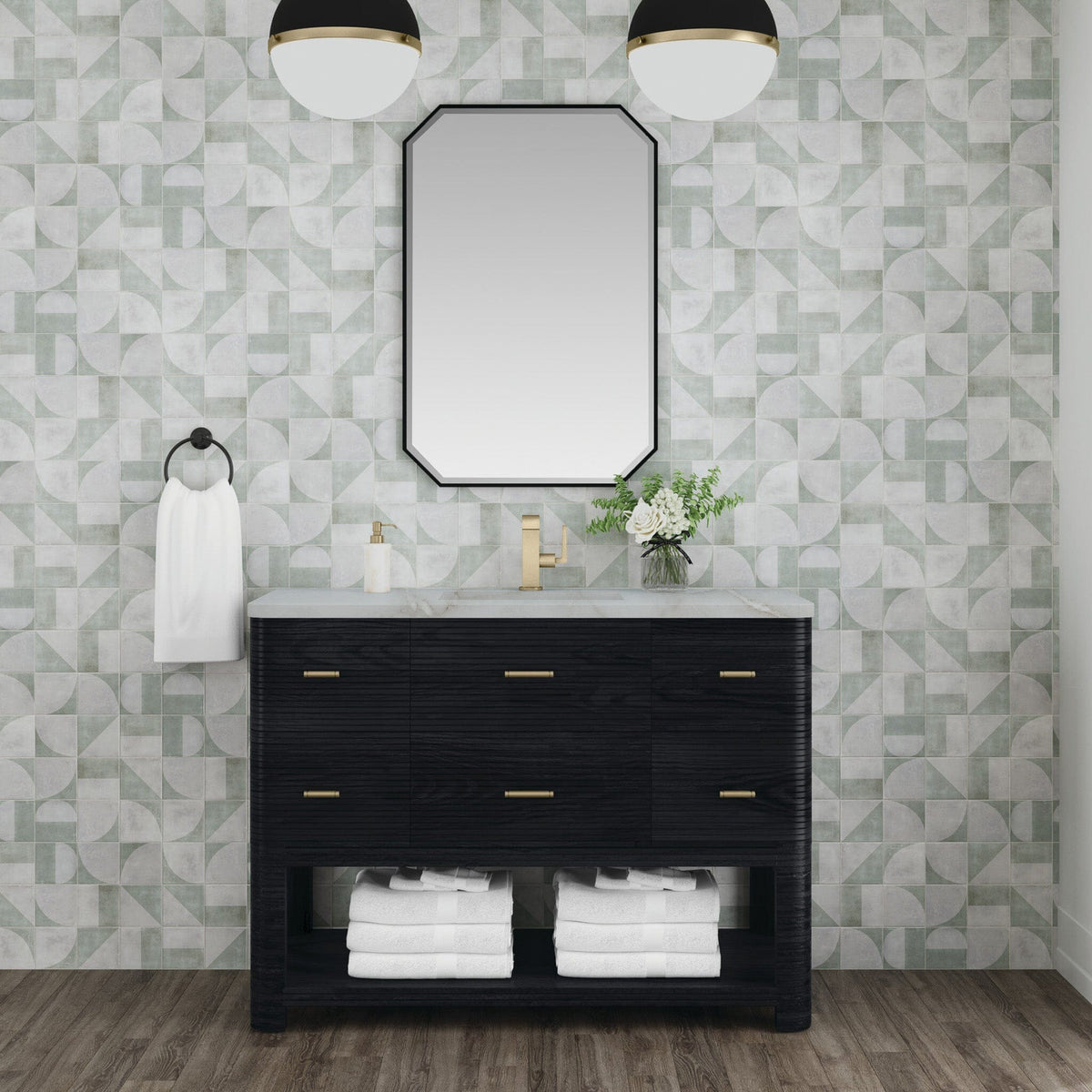 48" Lucian Single Vanity, Carbon Oak with Victorian Silver Quartz Top