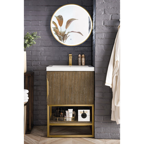 Columbia 24 Single Vanity Cabinet in Latte Oak with Radiant Gold Base