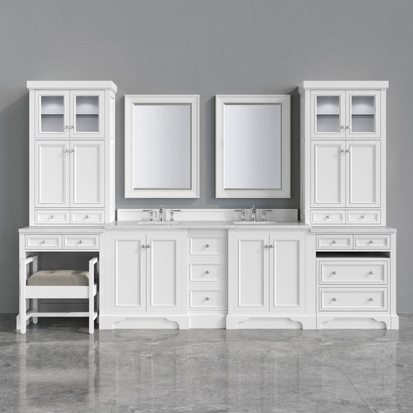 Palmera 90 inch Double Sink Bathroom White Vanity & Side Cabinet Tower