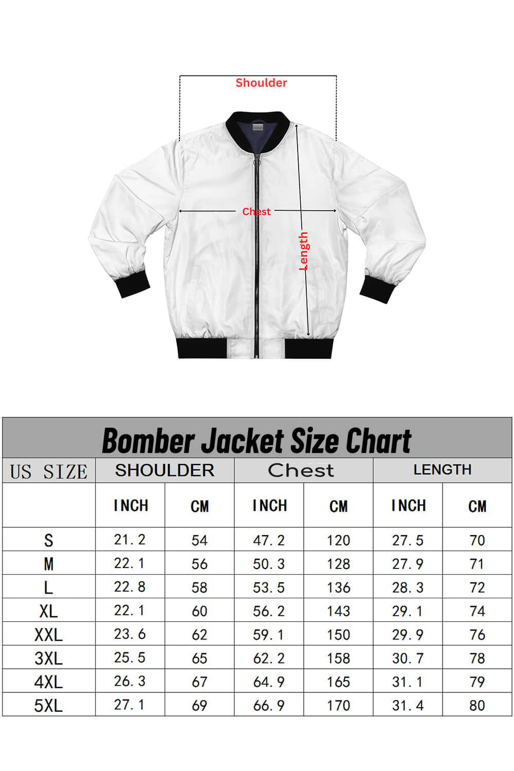 Bomber jacket Size Chart