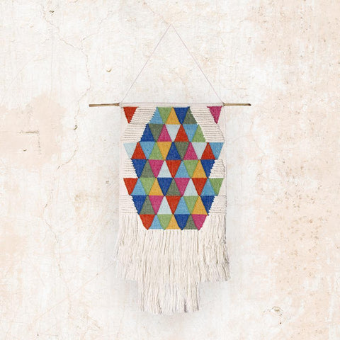 Colorful geometric multi triangle handmade woven wall decor by The Artisen