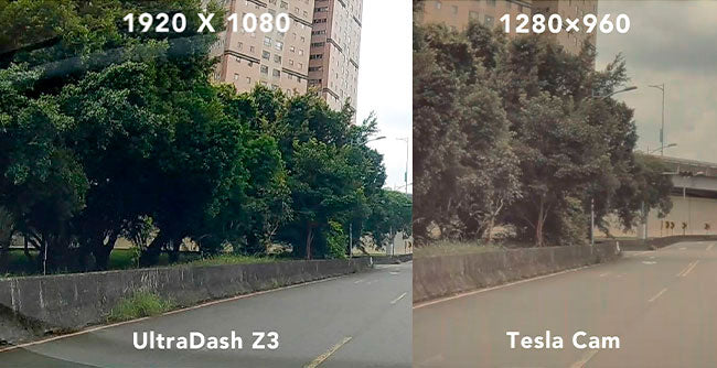  Resolution comparison between Ultradash dash cam and Tesla dash cam