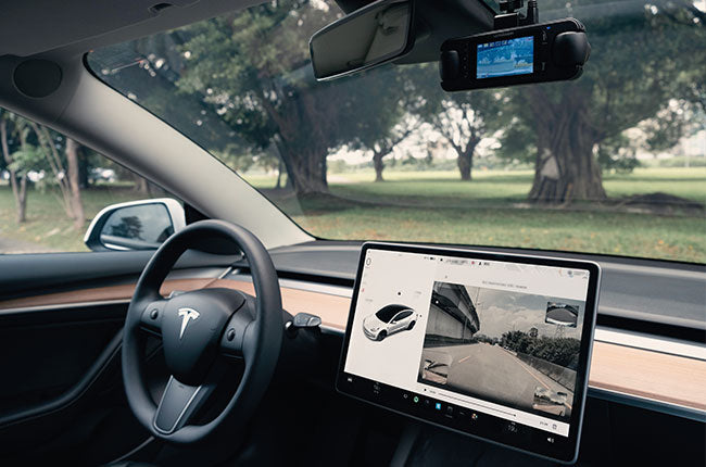  ULTRADASH Z3 Dual Camera Dash Cam and Tesla's Screen and Steering Wheel