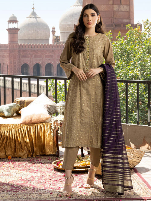 3 Piece Raw Silk Suit-Embroidered (Pret)