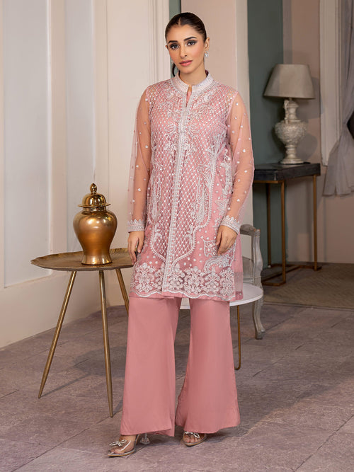 3 Piece Net Suit With Cardigan-Embroidered (Pret)