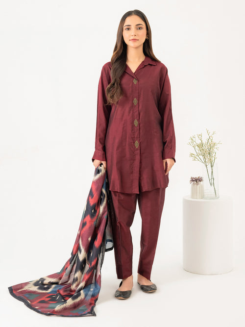 3 Piece Raw Silk Suit-Embroidered (Pret)