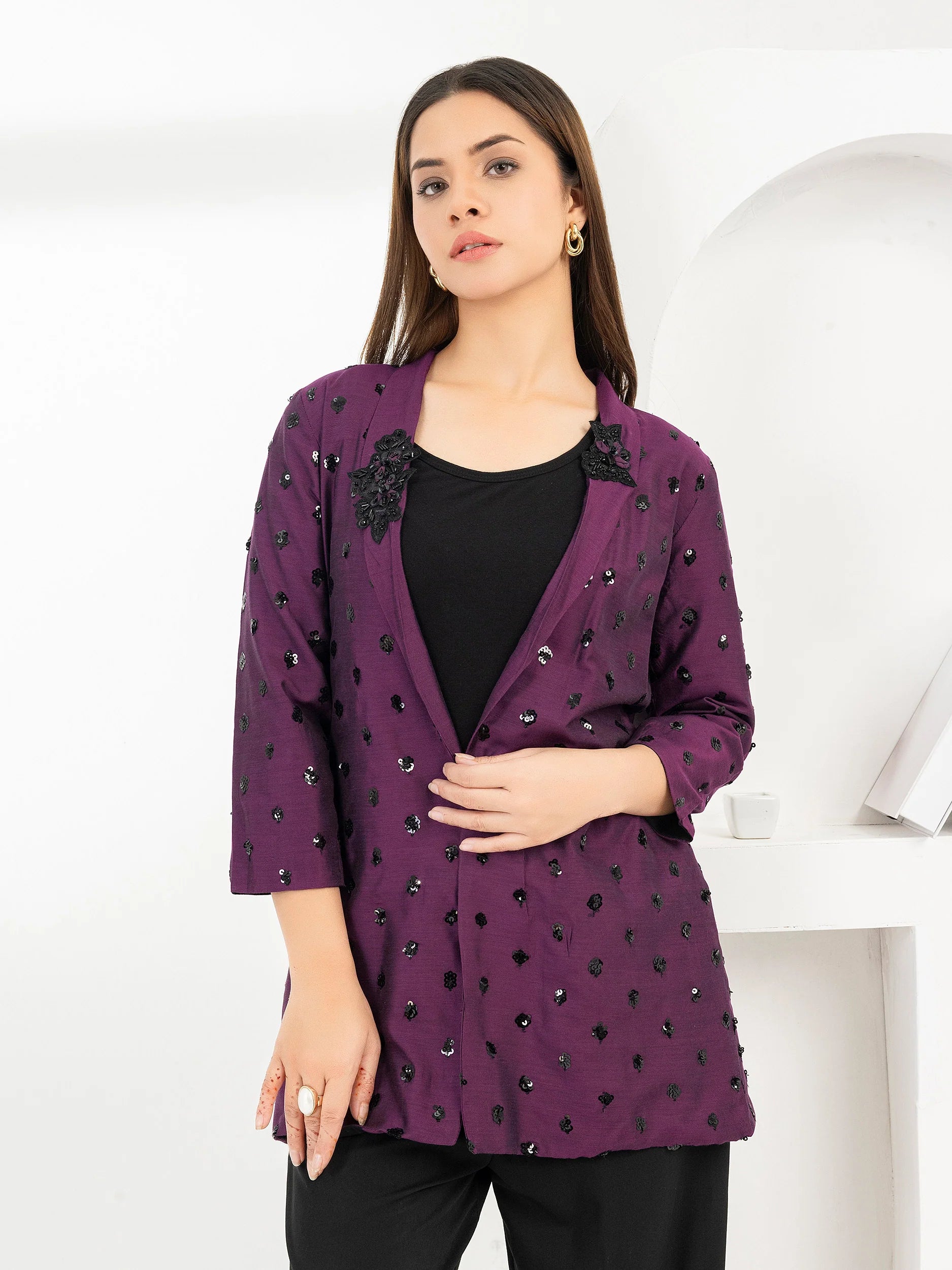Raw Silk Cardigan-Embellished (Pret) - Limelight