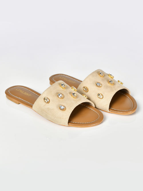 Stone Studded Sandals-Beige