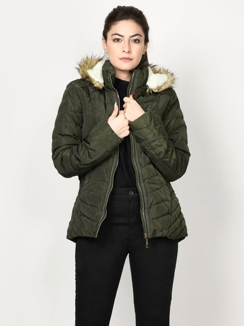 Faux Fur Puffer Jacket - Army Green