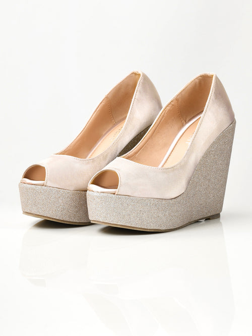 Satin Glitter Wedges - Light Golden