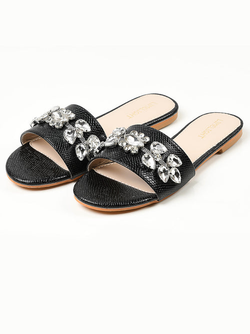 Stone Studded Slides - Black