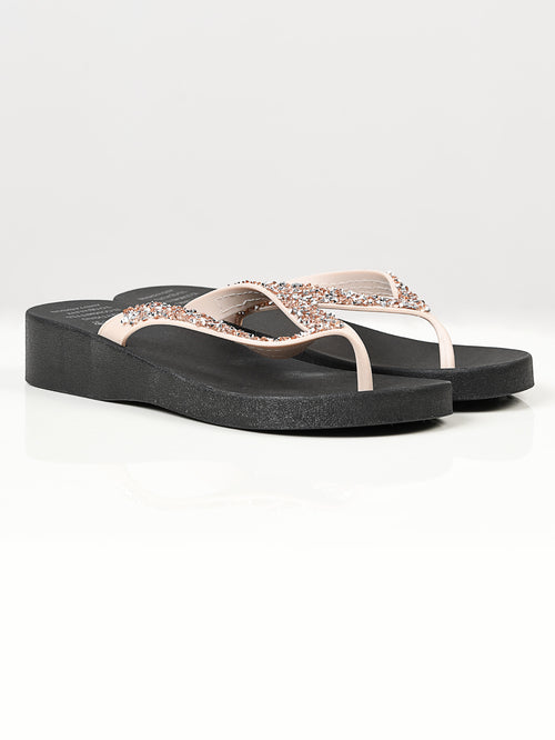 Rhinestone Flip Flops - Beige