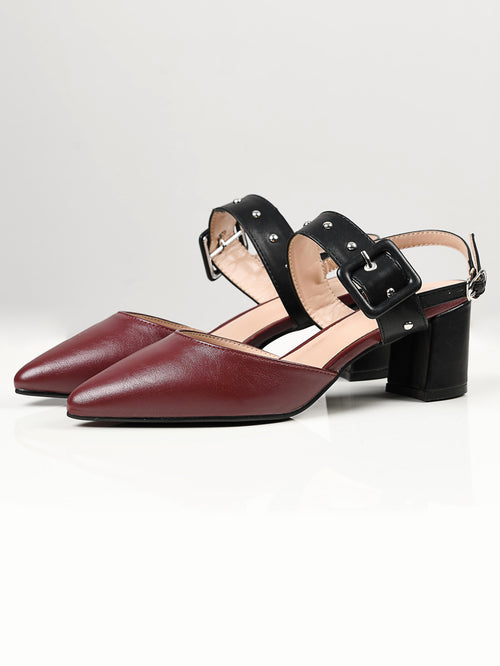 Studded Buckle Heels - Maroon