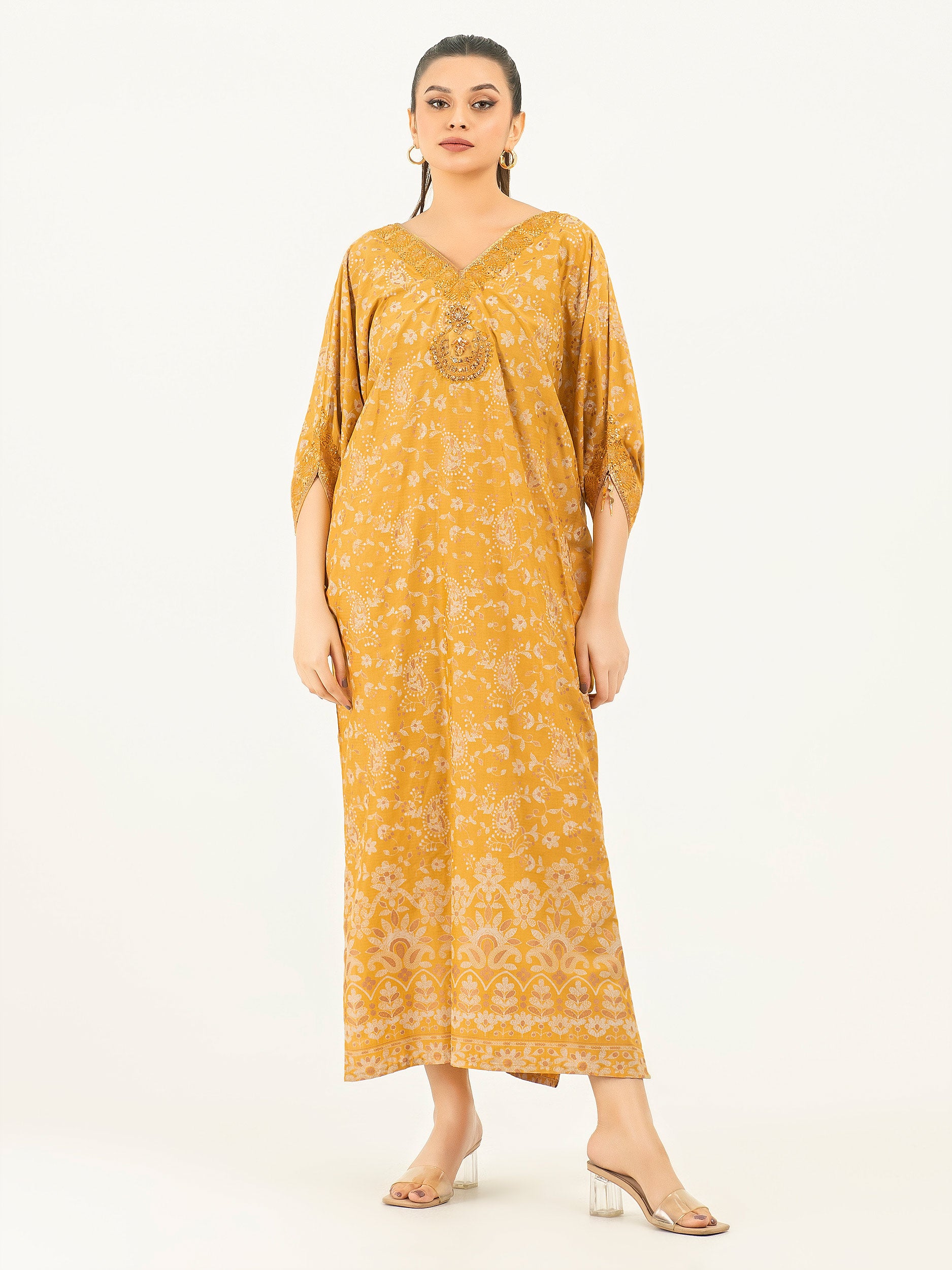 yellow linen kaftan dress