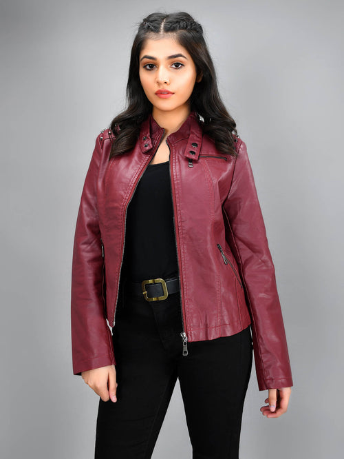 Studded Leather Jacket - Maroon