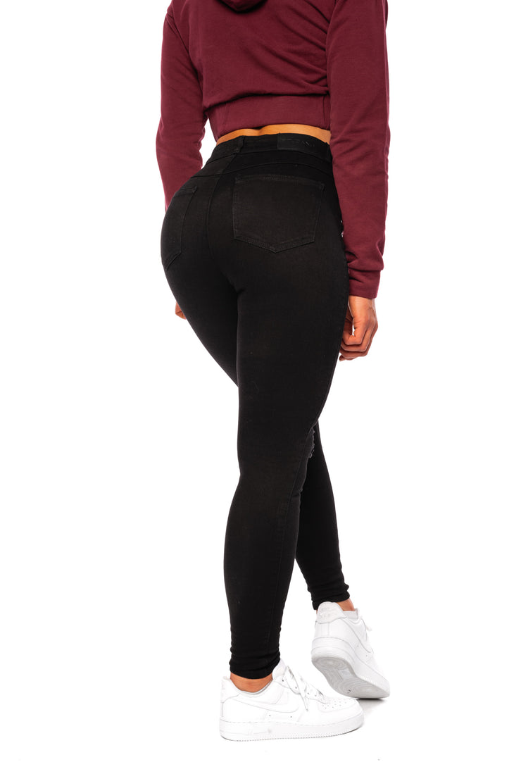 Womens Regular 4 Hole Ripped High Waisted Fitjeans - Black