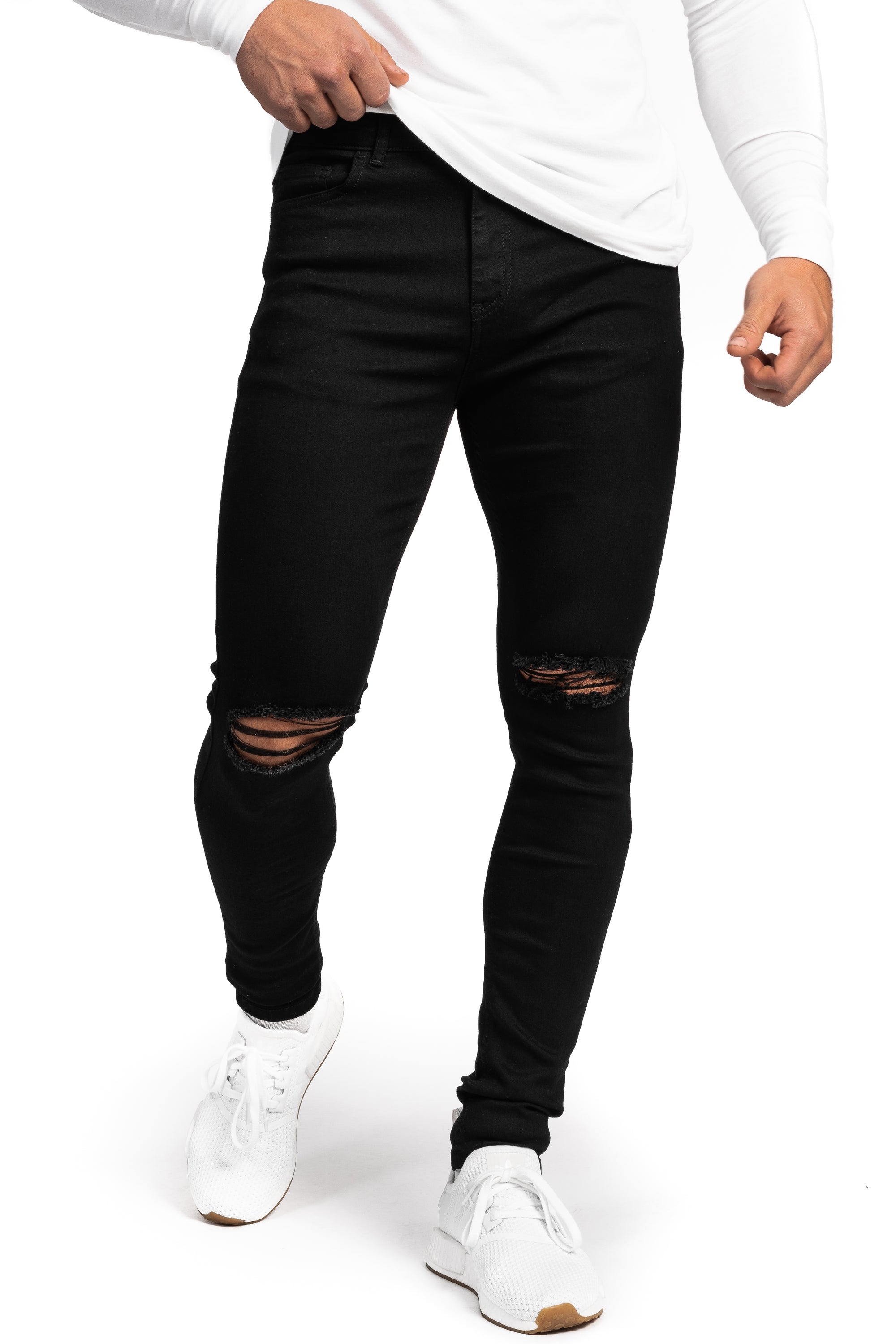 black ripped tapered jeans mens