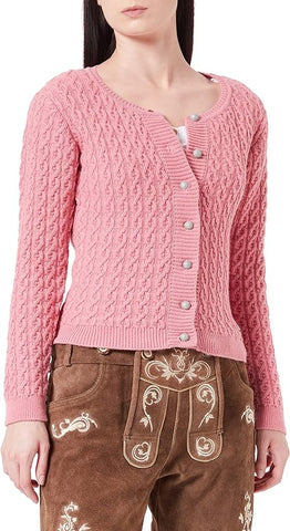 Rosa Strickjacke mit Lederhose