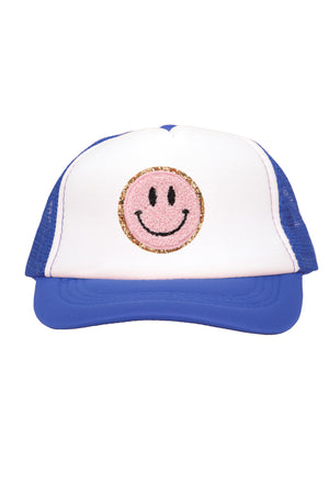 Pink Smiley Chenille Patch on Royal Youth Trucker Cap
