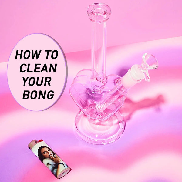How to Clean Your Bong at Friends NYC Smoke Shop in Brooklyn, NY - picutres shows pink glass heart bong with lighter in view