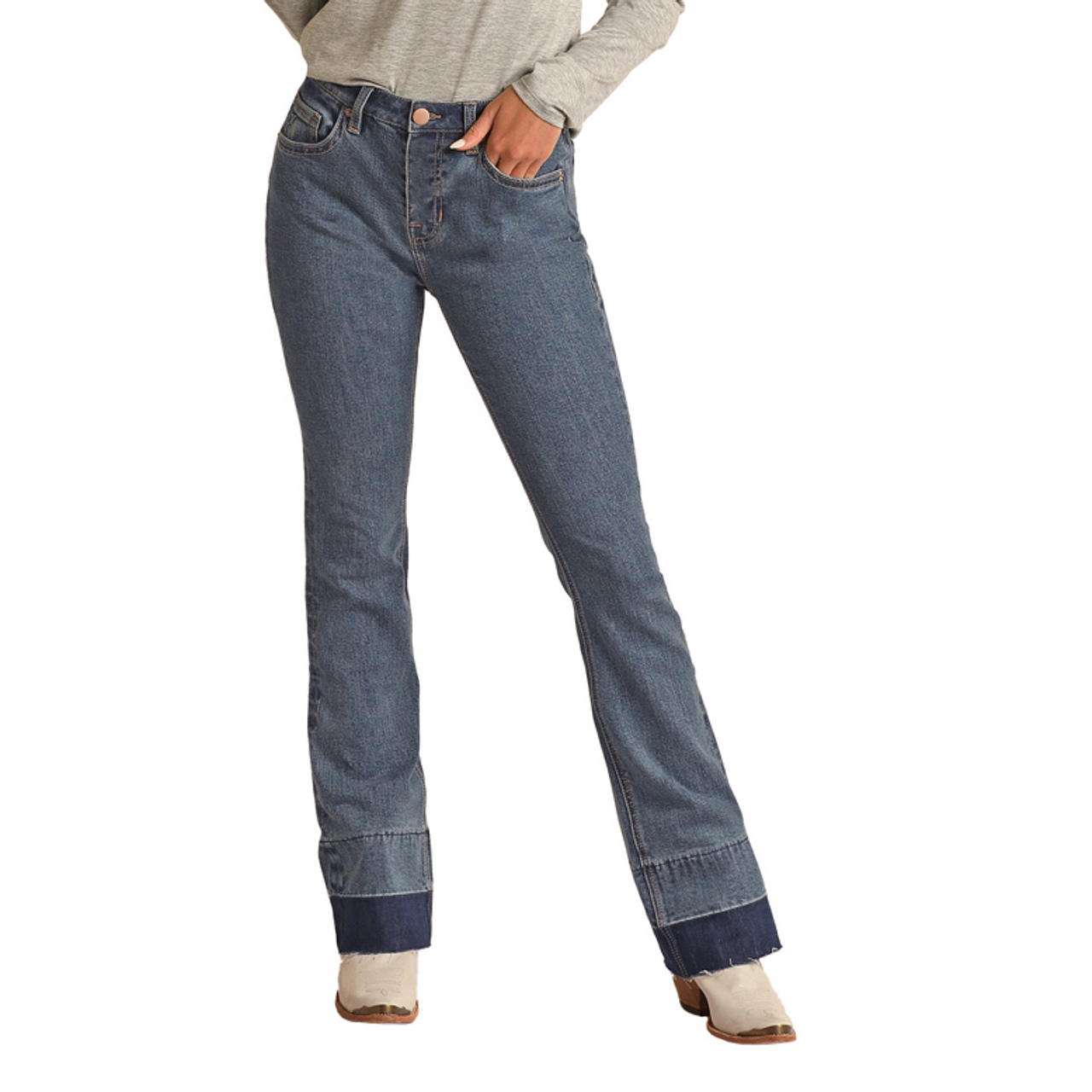 Product Name: Rock & Roll Denim Women's Medium Wash High Rise Star Print  Flare Jeans