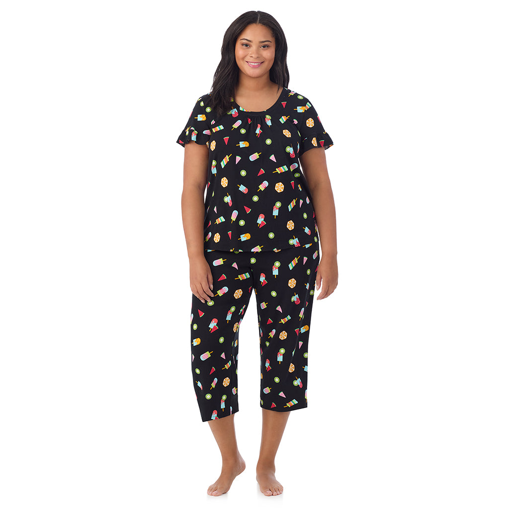 Cotton-Blend Ruffle Short Sleeve Top and Cropped Pants Pajama Set- PLUS