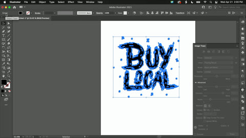 Una imagen vectorizada de las palabras "comprar local" con puntos de anclaje que rodean las palabras.