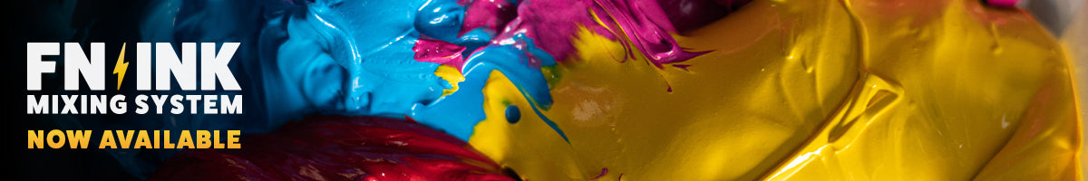 Image of FN-INK Classic Lemon Yellow, FN-INK Classic Fuchsia & FN-INK Classic Lt Blue being mixed in a container.