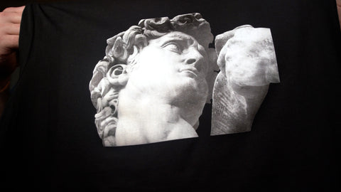 a statue of david print on a black shirt with pearl ink