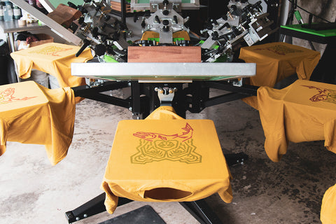 A riley hopkins 300 press sits with yellow shirts on the platens