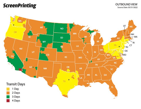 Un mapa de los Estados Unidos con días de envío