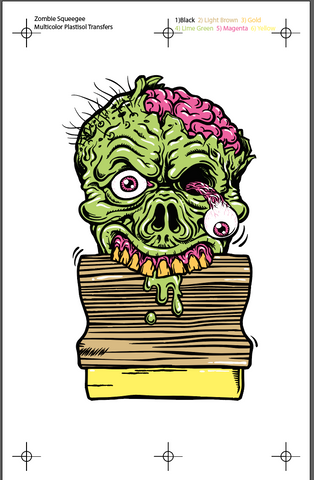 Un zombie con un escobillas en sus dientes en un papel con marcas de registro